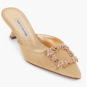 Manolo Blahnik Maysale 50mm crystal gold-buckle mules